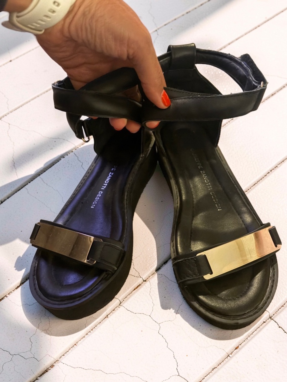 Giuseppe Zanotti Design Black Leather Gold Hardware Platform Sandals